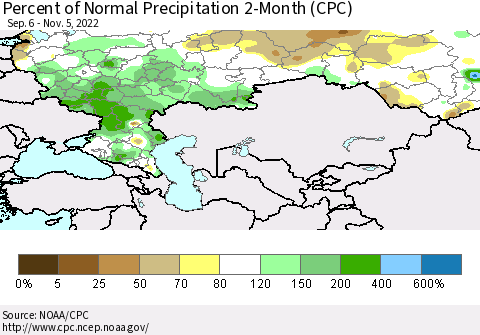 Russian Federation Percent of Normal Precipitation 2-Month (CPC) Thematic Map For 9/6/2022 - 11/5/2022
