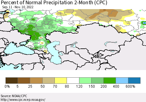Russian Federation Percent of Normal Precipitation 2-Month (CPC) Thematic Map For 9/11/2022 - 11/10/2022