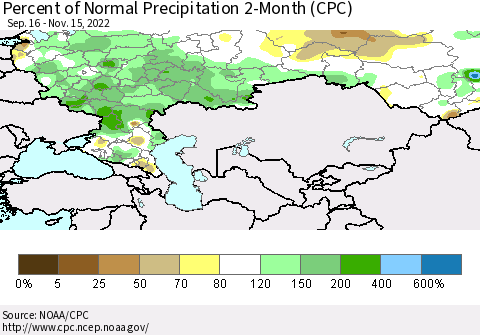 Russian Federation Percent of Normal Precipitation 2-Month (CPC) Thematic Map For 9/16/2022 - 11/15/2022