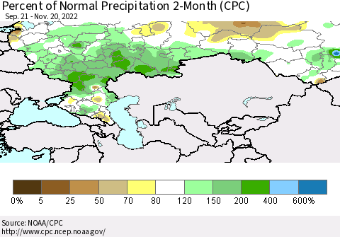 Russian Federation Percent of Normal Precipitation 2-Month (CPC) Thematic Map For 9/21/2022 - 11/20/2022