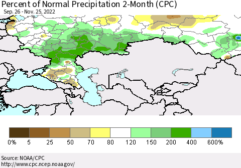 Russian Federation Percent of Normal Precipitation 2-Month (CPC) Thematic Map For 9/26/2022 - 11/25/2022