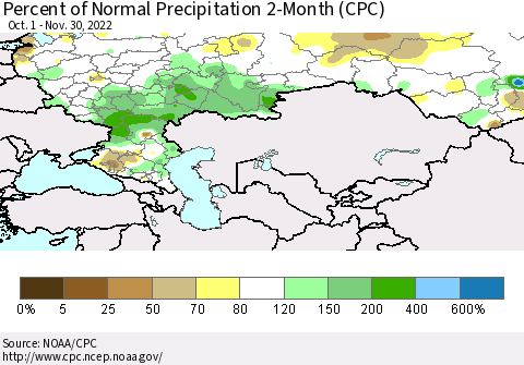 Russian Federation Percent of Normal Precipitation 2-Month (CPC) Thematic Map For 10/1/2022 - 11/30/2022