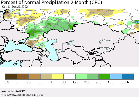 Russian Federation Percent of Normal Precipitation 2-Month (CPC) Thematic Map For 10/6/2022 - 12/5/2022