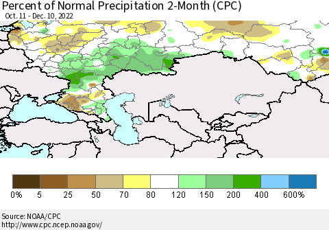 Russian Federation Percent of Normal Precipitation 2-Month (CPC) Thematic Map For 10/11/2022 - 12/10/2022