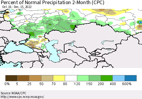 Russian Federation Percent of Normal Precipitation 2-Month (CPC) Thematic Map For 10/16/2022 - 12/15/2022