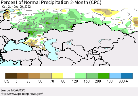 Russian Federation Percent of Normal Precipitation 2-Month (CPC) Thematic Map For 10/21/2022 - 12/20/2022