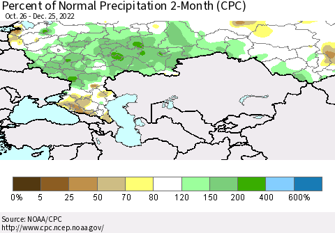 Russian Federation Percent of Normal Precipitation 2-Month (CPC) Thematic Map For 10/26/2022 - 12/25/2022
