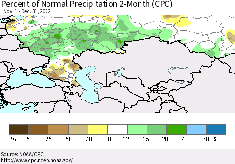 Russian Federation Percent of Normal Precipitation 2-Month (CPC) Thematic Map For 11/1/2022 - 12/31/2022