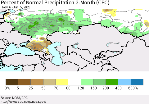 Russian Federation Percent of Normal Precipitation 2-Month (CPC) Thematic Map For 11/6/2022 - 1/5/2023