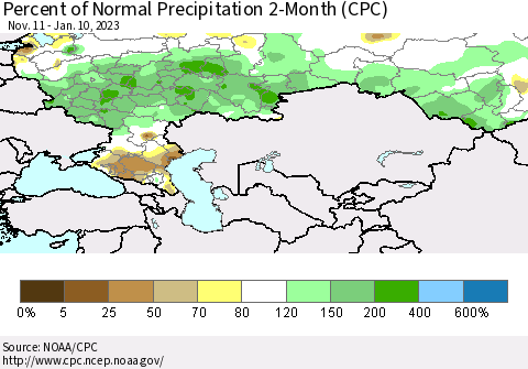 Russian Federation Percent of Normal Precipitation 2-Month (CPC) Thematic Map For 11/11/2022 - 1/10/2023