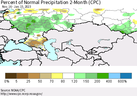 Russian Federation Percent of Normal Precipitation 2-Month (CPC) Thematic Map For 11/16/2022 - 1/15/2023