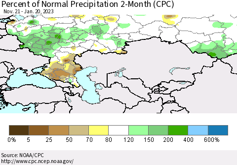 Russian Federation Percent of Normal Precipitation 2-Month (CPC) Thematic Map For 11/21/2022 - 1/20/2023