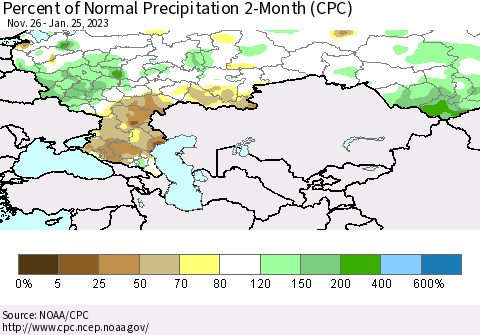 Russian Federation Percent of Normal Precipitation 2-Month (CPC) Thematic Map For 11/26/2022 - 1/25/2023