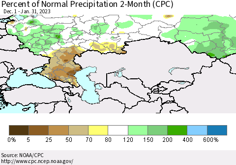 Russian Federation Percent of Normal Precipitation 2-Month (CPC) Thematic Map For 12/1/2022 - 1/31/2023