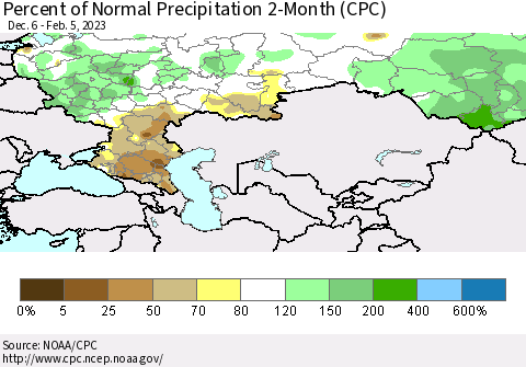 Russian Federation Percent of Normal Precipitation 2-Month (CPC) Thematic Map For 12/6/2022 - 2/5/2023