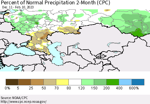 Russian Federation Percent of Normal Precipitation 2-Month (CPC) Thematic Map For 12/11/2022 - 2/10/2023
