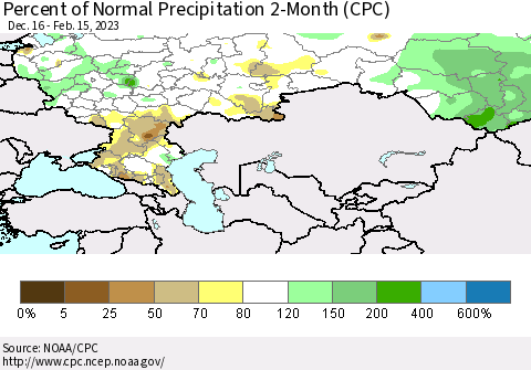 Russian Federation Percent of Normal Precipitation 2-Month (CPC) Thematic Map For 12/16/2022 - 2/15/2023