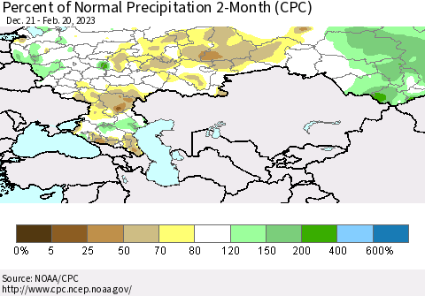 Russian Federation Percent of Normal Precipitation 2-Month (CPC) Thematic Map For 12/21/2022 - 2/20/2023