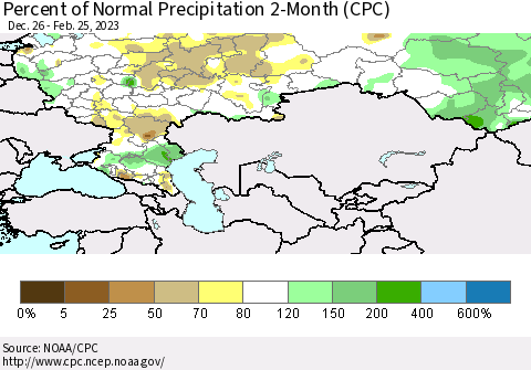 Russian Federation Percent of Normal Precipitation 2-Month (CPC) Thematic Map For 12/26/2022 - 2/25/2023