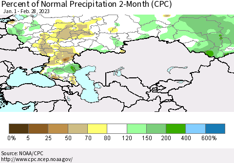 Russian Federation Percent of Normal Precipitation 2-Month (CPC) Thematic Map For 1/1/2023 - 2/28/2023
