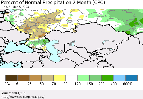 Russian Federation Percent of Normal Precipitation 2-Month (CPC) Thematic Map For 1/6/2023 - 3/5/2023