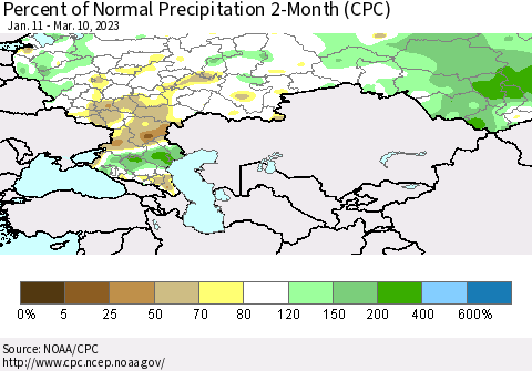 Russian Federation Percent of Normal Precipitation 2-Month (CPC) Thematic Map For 1/11/2023 - 3/10/2023