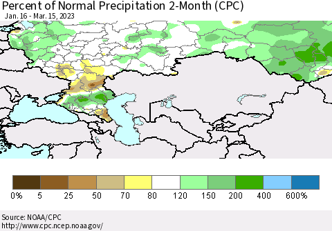 Russian Federation Percent of Normal Precipitation 2-Month (CPC) Thematic Map For 1/16/2023 - 3/15/2023