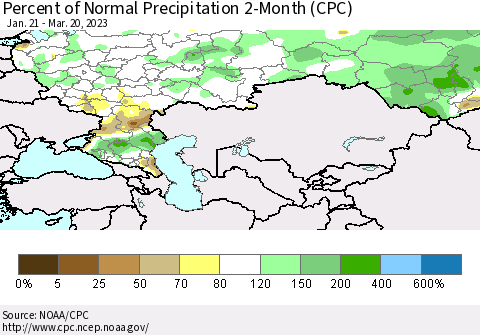 Russian Federation Percent of Normal Precipitation 2-Month (CPC) Thematic Map For 1/21/2023 - 3/20/2023