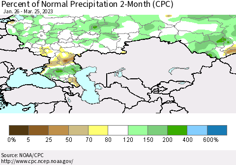 Russian Federation Percent of Normal Precipitation 2-Month (CPC) Thematic Map For 1/26/2023 - 3/25/2023
