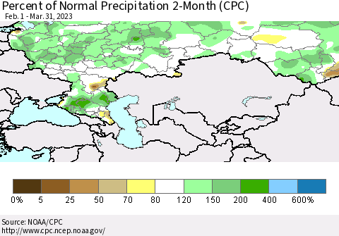 Russian Federation Percent of Normal Precipitation 2-Month (CPC) Thematic Map For 2/1/2023 - 3/31/2023