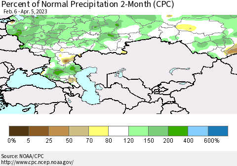 Russian Federation Percent of Normal Precipitation 2-Month (CPC) Thematic Map For 2/6/2023 - 4/5/2023