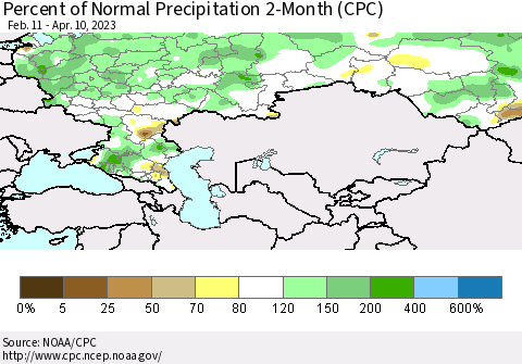 Russian Federation Percent of Normal Precipitation 2-Month (CPC) Thematic Map For 2/11/2023 - 4/10/2023