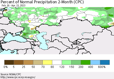 Russian Federation Percent of Normal Precipitation 2-Month (CPC) Thematic Map For 2/16/2023 - 4/15/2023