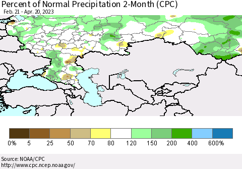 Russian Federation Percent of Normal Precipitation 2-Month (CPC) Thematic Map For 2/21/2023 - 4/20/2023
