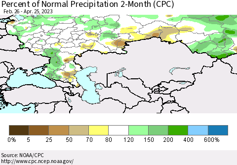 Russian Federation Percent of Normal Precipitation 2-Month (CPC) Thematic Map For 2/26/2023 - 4/25/2023