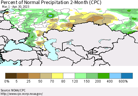Russian Federation Percent of Normal Precipitation 2-Month (CPC) Thematic Map For 3/1/2023 - 4/30/2023