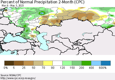 Russian Federation Percent of Normal Precipitation 2-Month (CPC) Thematic Map For 3/6/2023 - 5/5/2023