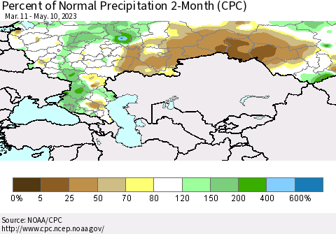 Russian Federation Percent of Normal Precipitation 2-Month (CPC) Thematic Map For 3/11/2023 - 5/10/2023