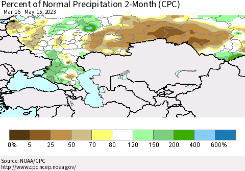 Russian Federation Percent of Normal Precipitation 2-Month (CPC) Thematic Map For 3/16/2023 - 5/15/2023