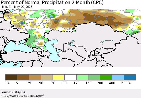 Russian Federation Percent of Normal Precipitation 2-Month (CPC) Thematic Map For 3/21/2023 - 5/20/2023