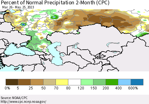 Russian Federation Percent of Normal Precipitation 2-Month (CPC) Thematic Map For 3/26/2023 - 5/25/2023