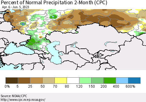 Russian Federation Percent of Normal Precipitation 2-Month (CPC) Thematic Map For 4/6/2023 - 6/5/2023