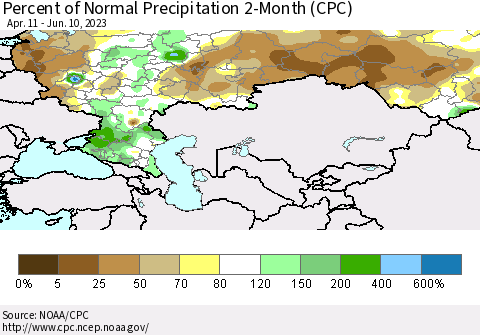 Russian Federation Percent of Normal Precipitation 2-Month (CPC) Thematic Map For 4/11/2023 - 6/10/2023