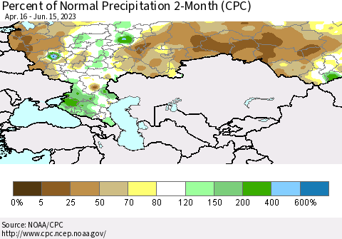 Russian Federation Percent of Normal Precipitation 2-Month (CPC) Thematic Map For 4/16/2023 - 6/15/2023