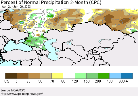 Russian Federation Percent of Normal Precipitation 2-Month (CPC) Thematic Map For 4/21/2023 - 6/20/2023