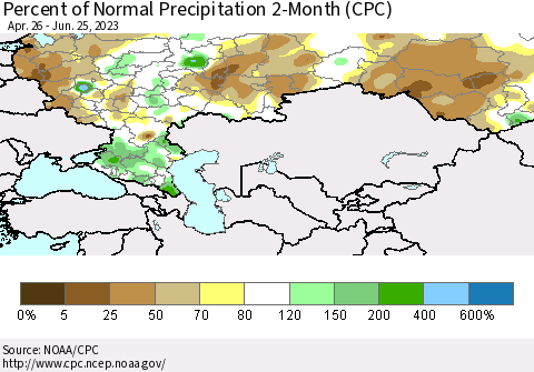 Russian Federation Percent of Normal Precipitation 2-Month (CPC) Thematic Map For 4/26/2023 - 6/25/2023