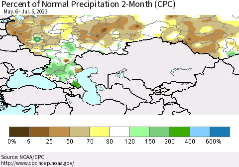 Russian Federation Percent of Normal Precipitation 2-Month (CPC) Thematic Map For 5/6/2023 - 7/5/2023