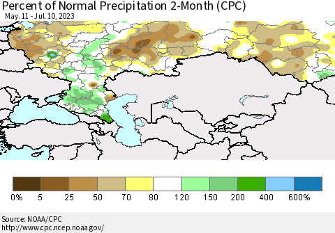 Russian Federation Percent of Normal Precipitation 2-Month (CPC) Thematic Map For 5/11/2023 - 7/10/2023
