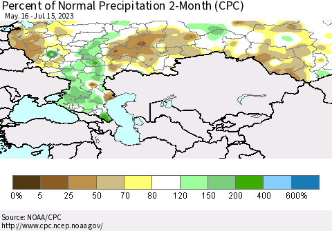 Russian Federation Percent of Normal Precipitation 2-Month (CPC) Thematic Map For 5/16/2023 - 7/15/2023