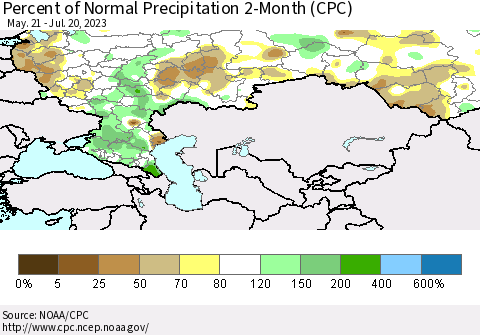 Russian Federation Percent of Normal Precipitation 2-Month (CPC) Thematic Map For 5/21/2023 - 7/20/2023